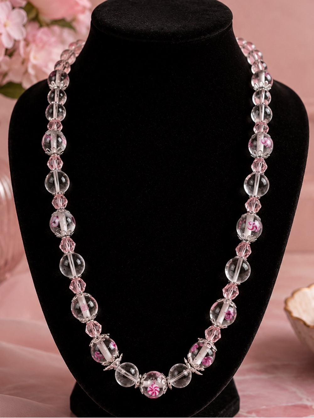 Handmade Vintage Clear Glass Millifiore Beaded Necklace